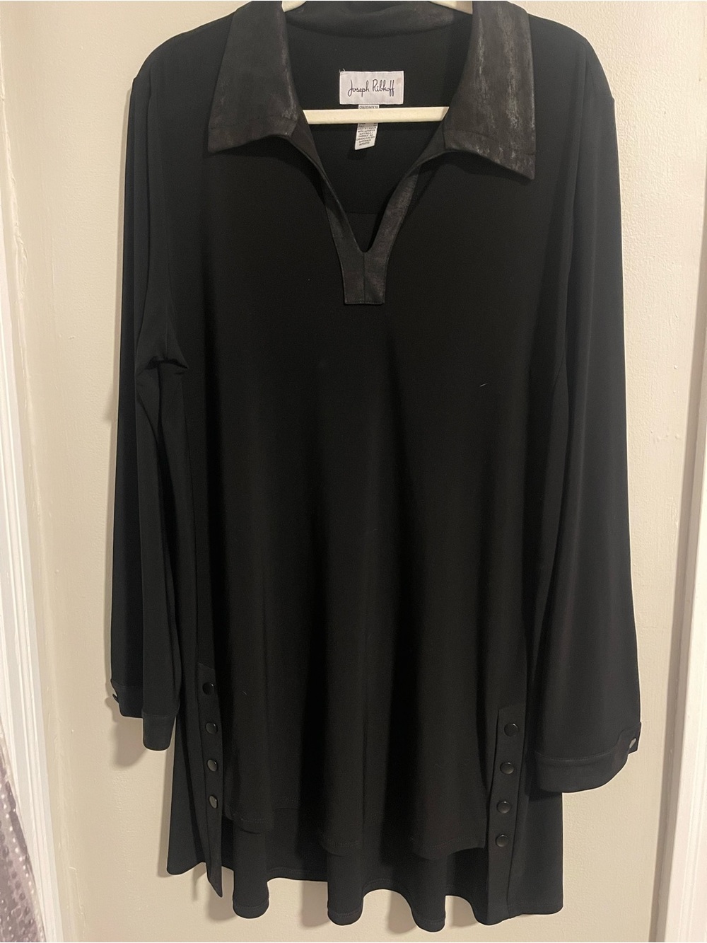 Joseph Ribkoff Size 18 Black High Low Tunic Faux Leather Look Trim